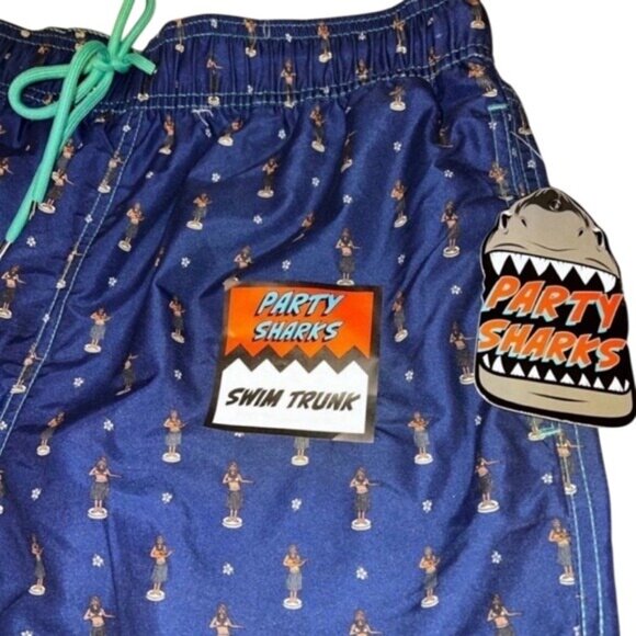 Party Sharks Hula Girl Swim Trunks Quick Dry 6.5" Inseam Blue Hawaiian Print - Picture 3 of 9